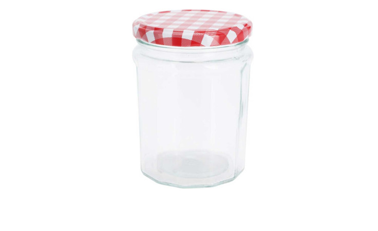 Einmachglas 500 ml mit rot-weiß kariertem Deckel, ideal als Dekoration oder Zubehör, freigestellt auf Weiß.