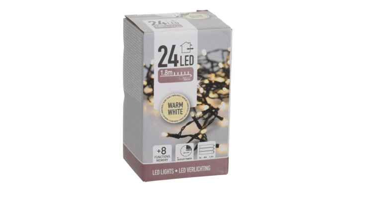 LED-Lichterkette 24 LEDs, warmweiß, 180 cm, 8 Modi, batteriebetrieben - abgebildet vor weißem Hintergrund.