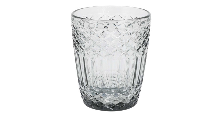 Das Trinkglas 300 ml ist ein klarer Becher mit rautenförmiger Oberfläche - ideal zur stilvollen Dekoration.