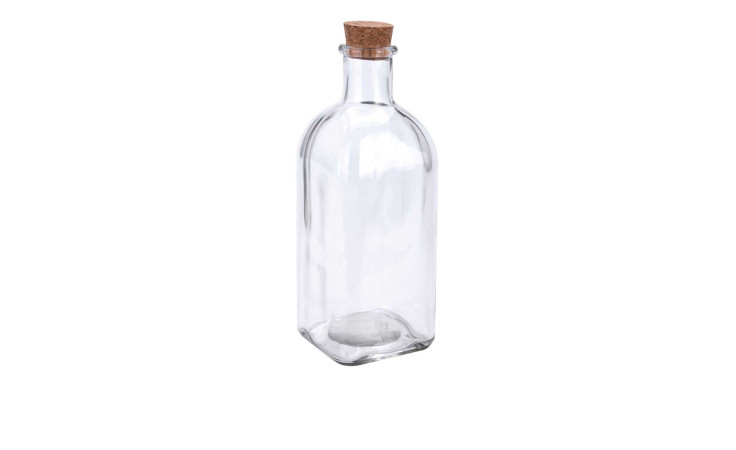 Flasche 500 ml mit quadratischem Boden und Korkverschluss, abgebildet auf weißem Hintergrund.