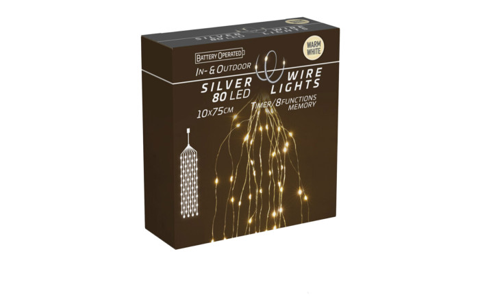 LED Silberdraht 80 LEDs, 75 cm, batteriebetrieben, warmweiß, für den Innen-/Außenbereich.