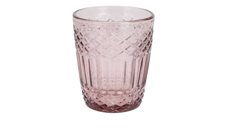 Ein rosafarbenes Trinkglas 300 ml mit Rautenmuster, perfekt für die Dekoration, abgebildet auf einem weißen Hintergrund.