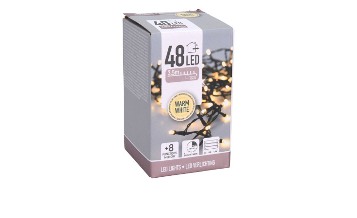 LED-Lichterkette 48 LEDs, warmweiß, 350 cm schwarzes Kabel, 8 Funktionen, dargestellt auf weißem Hintergrund.