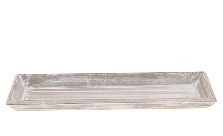 Tablett 40 x 14 cm: Rechteckiges, flaches Tablett mit weiß gekalktem Finish, ideal für Dekorationen.