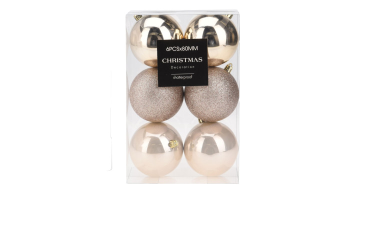 Die Weihnachtskugelbox 6 Stk. ist eine klare Polypropylen-Box mit sechs goldenen und silbernen Weihnachtskugeln.