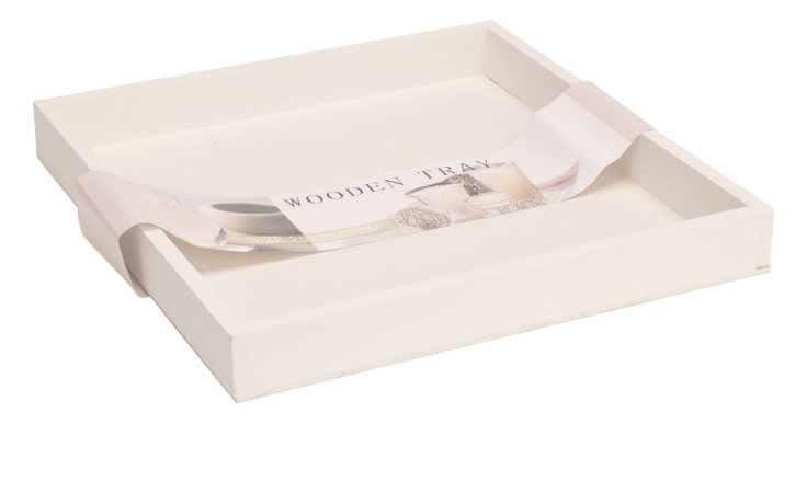 Quadratisches weißes Holztablett, 25 cm, mit einem Papieretikett an zwei Rändern mit der Aufschrift "Tablett 25 cm.