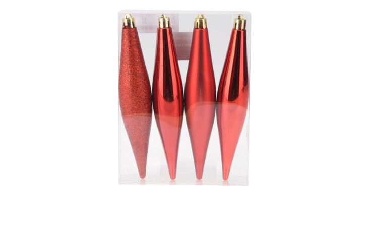 Set mit vier länglichen roten Hängedeko Zapfen - drei glänzend, einer glitzernd - in einer durchsichtigen Plastikverpackung.