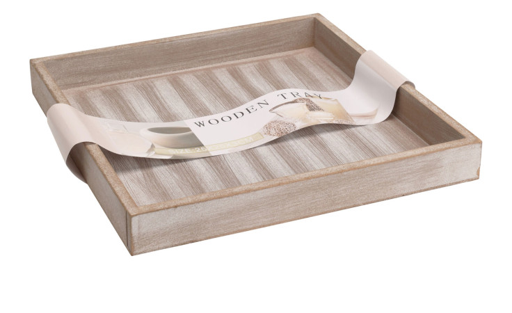 Hellbraunes Tablett 25 x 25 cm mit weiß getünchter Oberfläche und einem Papieretikett in der Mitte, auf dem "Wooden Tray" steht.