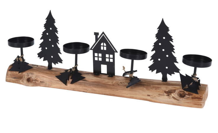 Teelichthalter Weihnachtsszene: Schwarze Metallbäume, Haus & Hirsch auf natürlicher Holzscheit.