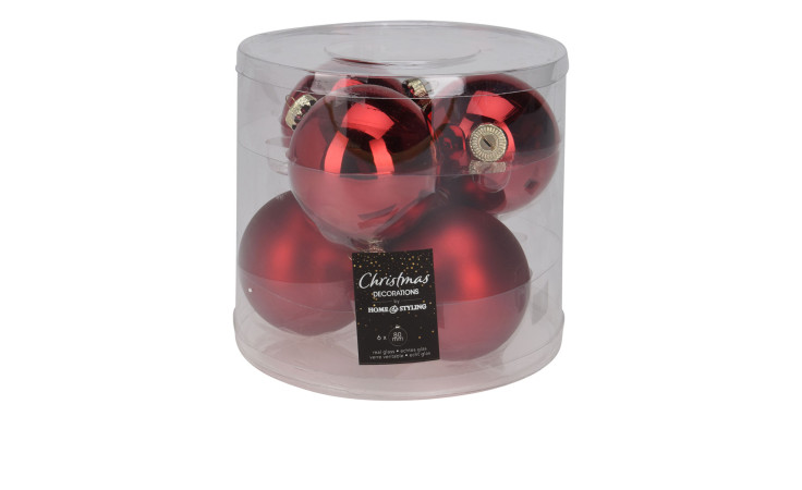 Ein durchsichtiger Kunststoffbehälter enthält sechs leuchtend rote Weihnachtskugel-Set 6 Stk Ornamente mit einem schwarzen Etikett auf der Vorderseite.