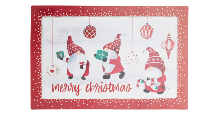 Drei Wichtel mit roten Mützen und Geschenken auf einem Platzset 43,5 x 28,5 cm, mit "Frohe Weihnachten" und festlichem Dekor darüber.