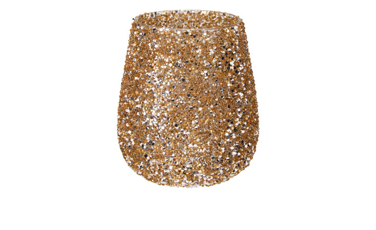 Ein Teelichthalter 13,5 cm mit Gold- und Silberglitter auf weißem Hintergrund.