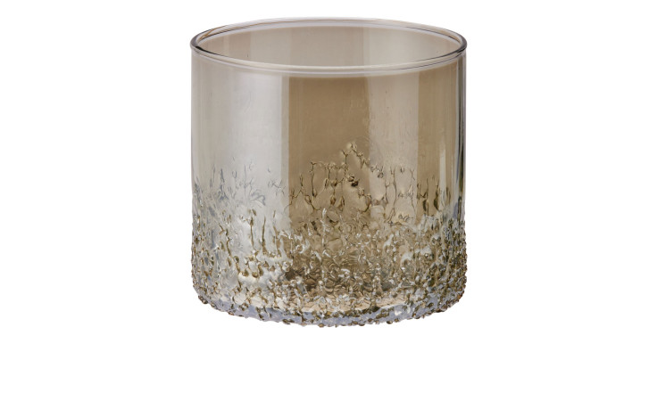 Ein strukturierter, transparenter Teelichthalter 10 cm mit einem braunen Farbverlauf, grünen Details und einem rauen, blasigen Boden.