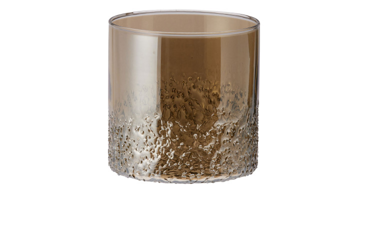 Der Teelichthalter 10 cm ist ein strukturierter brauner Glashalter mit glattem Rand, ideal für eine stilvolle Dekoration auf weißen Oberflächen.