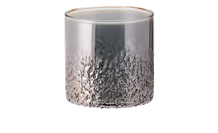 Teelichthalter 10 cm: klares Glas mit mattierter oberer Hälfte und strukturiertem, holprigem Dekor auf der Unterseite.