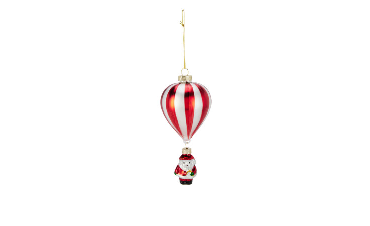 Weihnachtsdeko Heißluftballon: Glasornament mit rot-weiß gestreiftem Ballon und Weihnachtsmann darunter.
