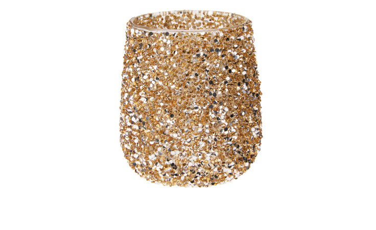 Der Teelichthalter 10,5 cm ist ein stielloses Glas mit gold- und silberglitzernden Strasssteinen, perfekt für schicke Dekorationen.