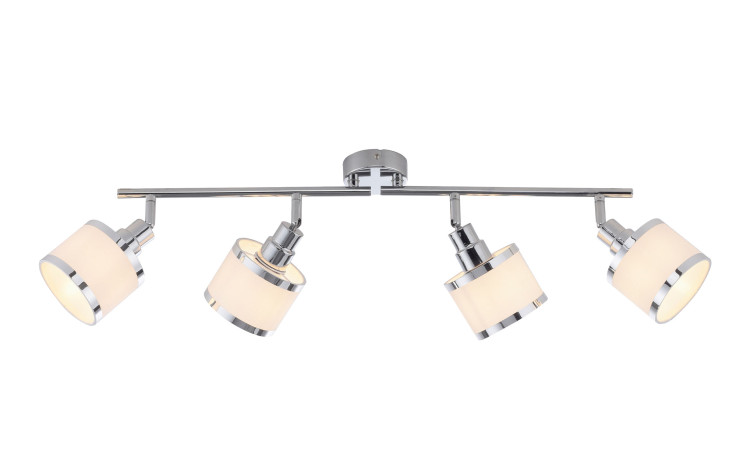 Deckenleuchte Accor 78 cm mit vier verstellbaren zylindrischen Lampen in silberfarbenem Chrom und schlichten Metallakzenten.