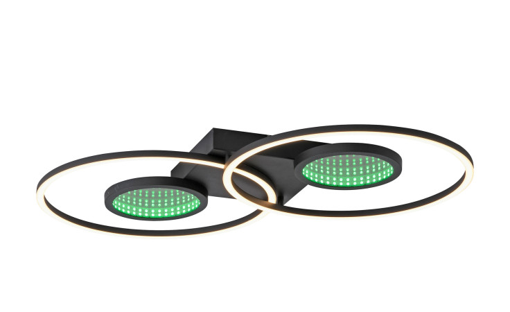 LED-Deckenleuchte Tunel 70 cm: Moderne Aluminium-Deckenleuchte mit zwei schwarzen LED-Ringen und grün beleuchteten Flächen auf einem schlanken Sockel.