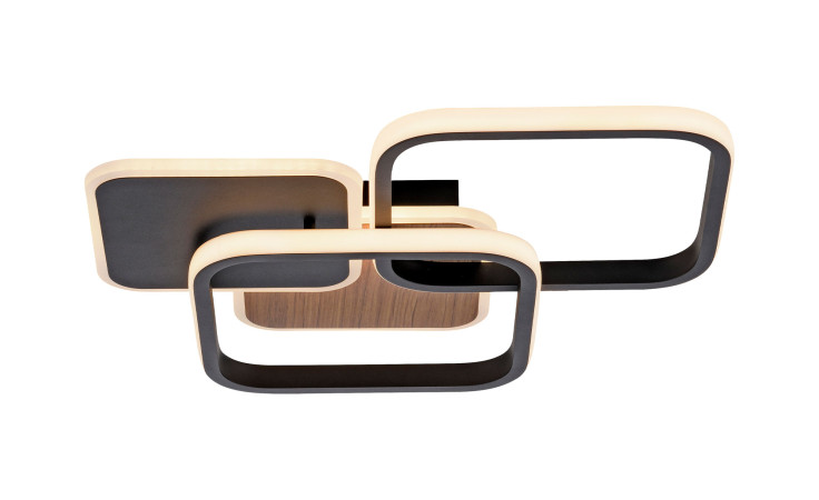 Die LED-Deckenleuchte Sevent 46 cm zeichnet sich durch Schwarz- und Holztöne, drei sich überlappende Rahmen und beleuchtete Kanten aus.