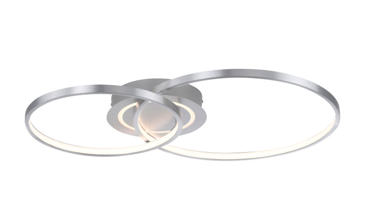 LED-Deckenleuchte Asmina 69 cm: Moderne Deckenleuchte mit zwei silbernen Ringen und weichem weißen Licht aus einem runden Sockel.