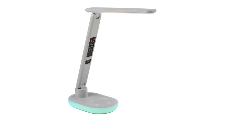 LED-Tischleuchte Tina 54 cm aus weißem Kunststoff mit Leuchtmittel und blau leuchtendem Sockel.