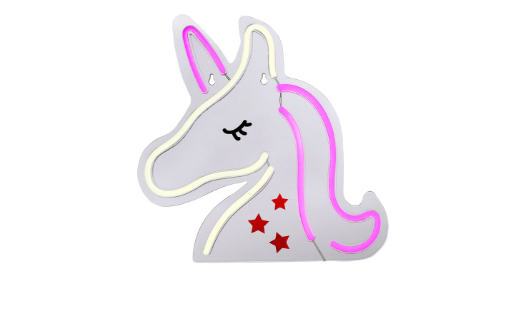 LED-Bild - Neon-Unicorn: Weiß Kunststoff, rosa/gelb leuchtend, rote Sterne, Leuchtmittel inklusive.