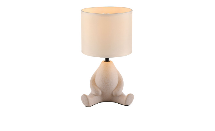 Tischleuchte Ted 19,5 cm: Beigefarbener Keramiksockel in Hasenform mit rundem, weißem Stofflampenschirm.