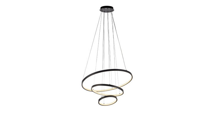 LED-Pendelleuchte Cerchi 61 cm mit drei schwarzen Ringen, Leuchtmittel inklusive, runde Deckenhalterung.