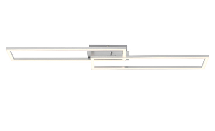 Die LED-Deckenleuchte Iven von Leuchten Direkt hat zwei sich überlappende LED-Rahmen und einen silberfarbenen Metallsockel.