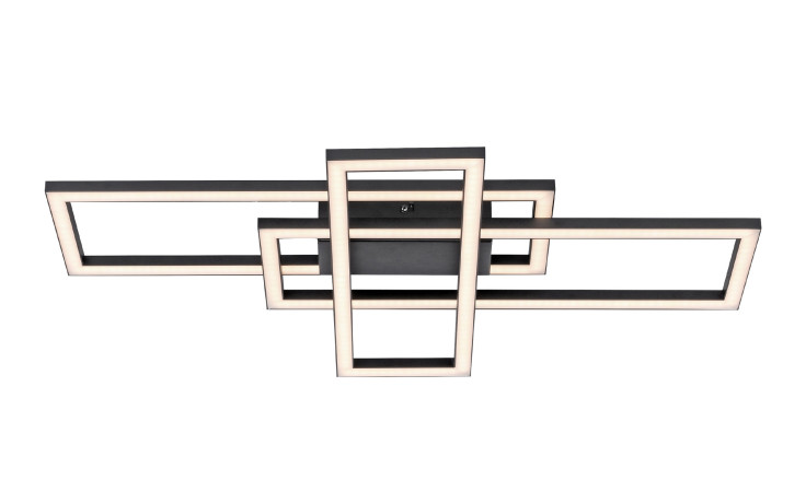 Die LED-Deckenleuchte Iven 65 cm verfügt über drei sich kreuzende rechteckige LED-Rahmen in Schwarz und Metall.