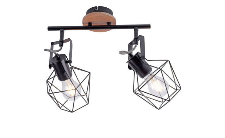 Zwei Leuchten Direkt Wand-/Deckenleuchte Jaro schwarzer Metallkäfig mit freiliegenden Glühbirnen auf holzschwarzem Sockel.