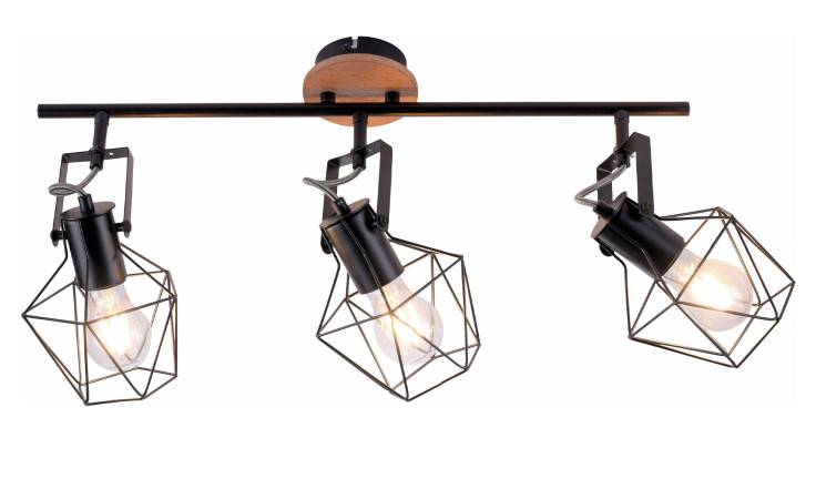 Drei Jaro Deckenstrahler von Leuchten Direkt, schwarze geometrische Käfige auf einem Holzsockel, alle Leuchten eingeschaltet.