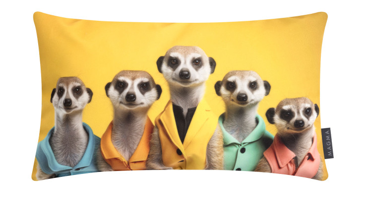 Fünf Erdmännchen in leuchtenden Jacken posieren auf der Kissenhülle Crazy Erdmännchen 30 x 50 cm vor einem leuchtend gelben Hintergrund.