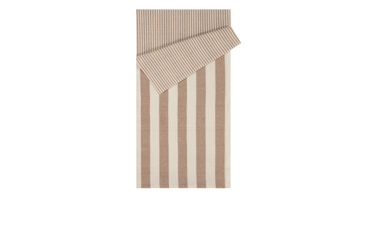 Wendetischläufer Vito 40 x 160 cm, beige und cremefarben gestreift, hat eine gefaltete Ecke mit feineren Nadelstreifen.