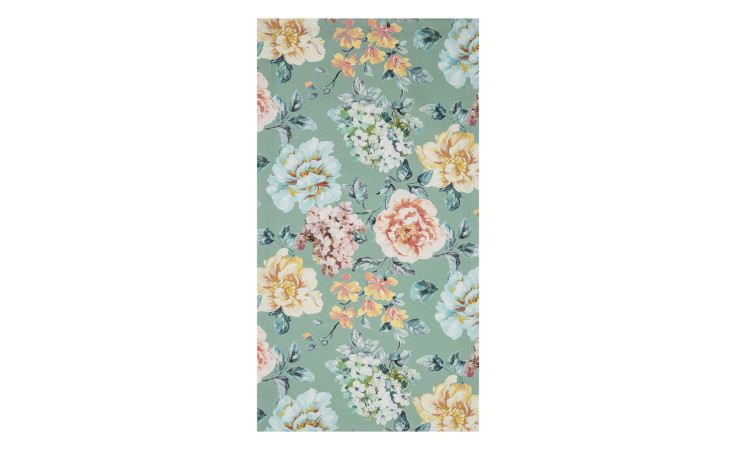 Floraler Tischläufer Martha 40 x 145 cm mit bunten Blumen, grünen Blättern auf hellgrünem Hintergrund.