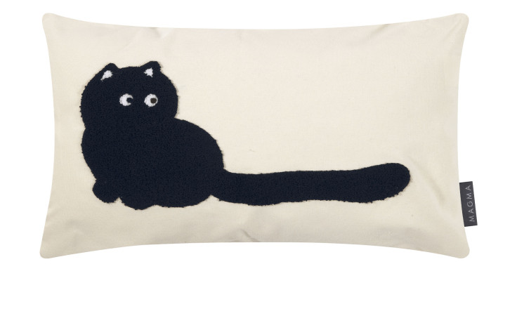Kissenhülle Dude 30 x 50 cm mit schwarzer Katzensilhouette und weißen Augen auf cremefarbenem Synthetikfaser-Hintergrund.