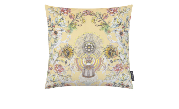 Kissenhülle Fayence 45x45 cm aus gelbem Synthetik-Samt mit floralen und symmetrischen Ornamentmustern.