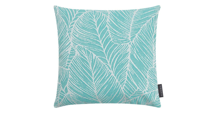 Kissenhülle Madeira 40 x 40 cm: quadratische Kissenhülle in Aqua mit weißen tropischen Blättern, grünen Akzenten und schwarzem Seitenanhänger.