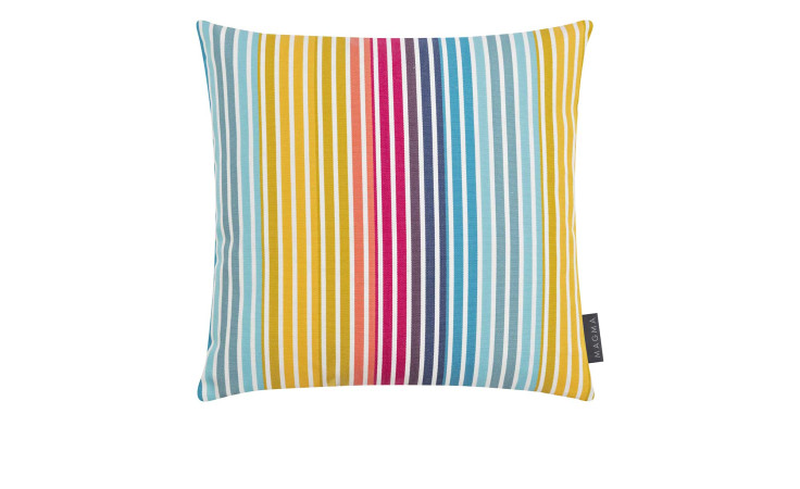 Kissenhülle Nizza 40 x 40 cm mit bunten Vertikalstreifen aus Synthetikfaser, kleines schwarzes Seitenetikett.
