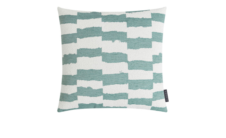 Kissenhülle Morten 45 x 45 cm: Weißes rechteckiges Kissen mit blauem Zickzack und beigem Bezug aus Synthetikfaser Jaquard.