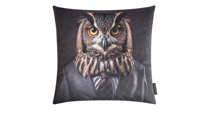 Kissenhülle Arty Animals Eule 45 x 45 cm aus Samt mit Eulenmotiv im Anzug vor dunklem Hintergrund.