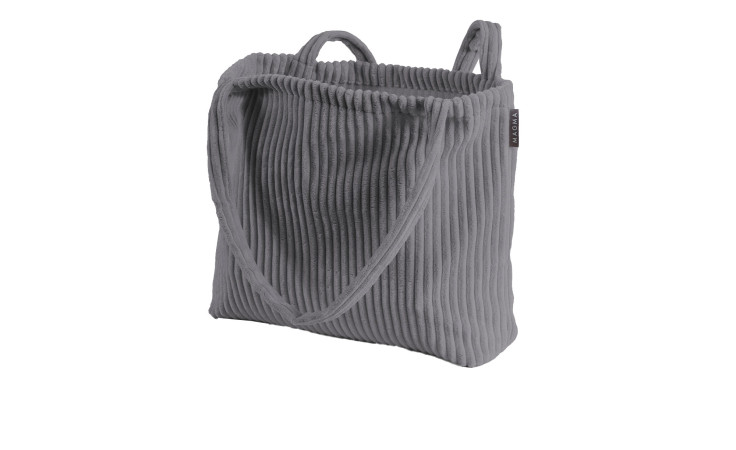 Tasche Shara 48 cm: Anthrazit Synthetikfaser Cord-Tote mit kurzen Henkeln und langem Riemen vor weißem Hintergrund.