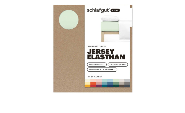 Die Verpackung für "Jersey Spanntuch Grün 130 x 220 cm" zeigt Produktinfos und verfügbare Mischgewebe-Farboptionen.