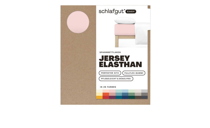 Kartonpackung für Jersey Spanntuch 130 x 220 cm in violett, mit zartrosa Stoffmuster und Info.