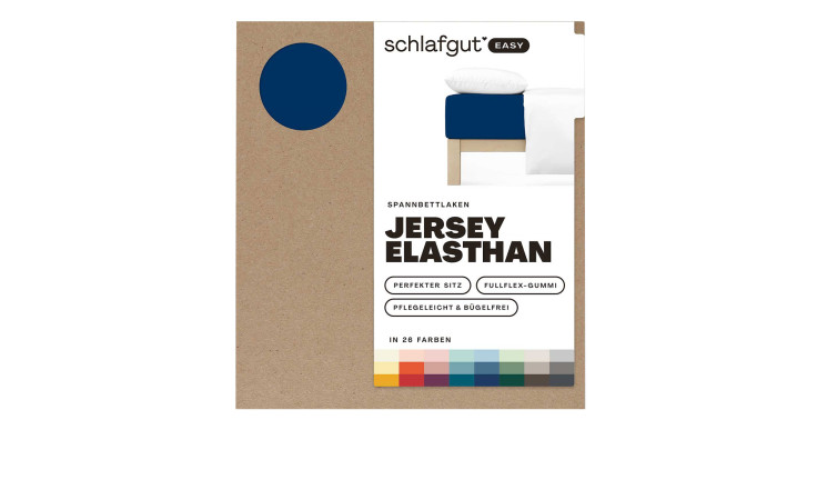 Verpackung für Jersey Spanntuch 130 x 220 cm in Blau, gekennzeichnet als perfect fit, erhältlich in 26 Farben.