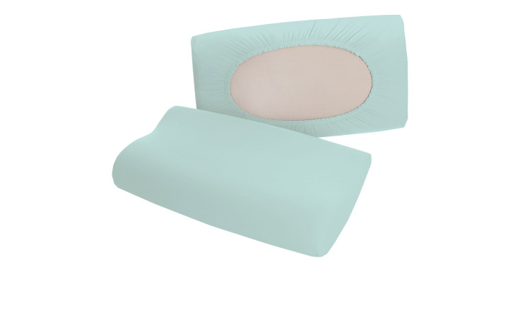 Zwei Jersey Kissenhülle Petrol Light One Size Kissenbezüge, einer mit einem beigen ovalen Zentrum, auf einem weißen Hintergrund.