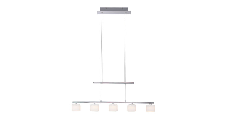 Die LED-Pendelleuchte Hydra von Paul Neuhaus hat sechs matte Glasschirme und hängt an Kabeln.