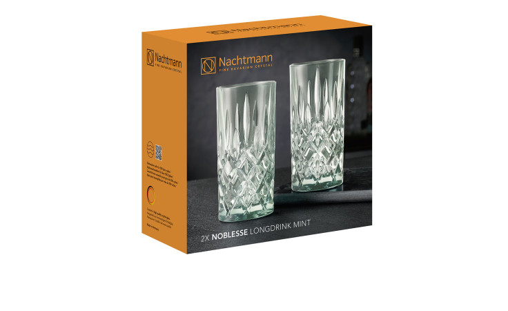 Die orangefarbene Box enthält ein Longdrinkglas-Set Noblesse 2-tlg. mit geschliffenem Glasmuster zur stilvollen Dekoration.