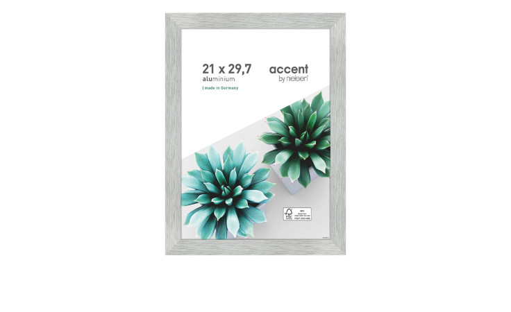 Aluminium-Bilderrahmen Star 21 x 29.7 cm mit einem silbernen Strukturrahmen und transparenten Glas.